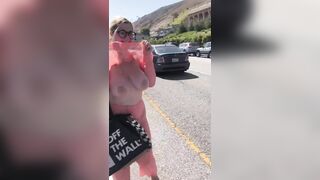 Cheerful fat lady shows tits drivers on the road - Big Beautiful Women