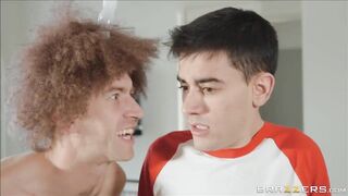 monster convinces juvenile guy to take out his dick in front of his golden-haired mama